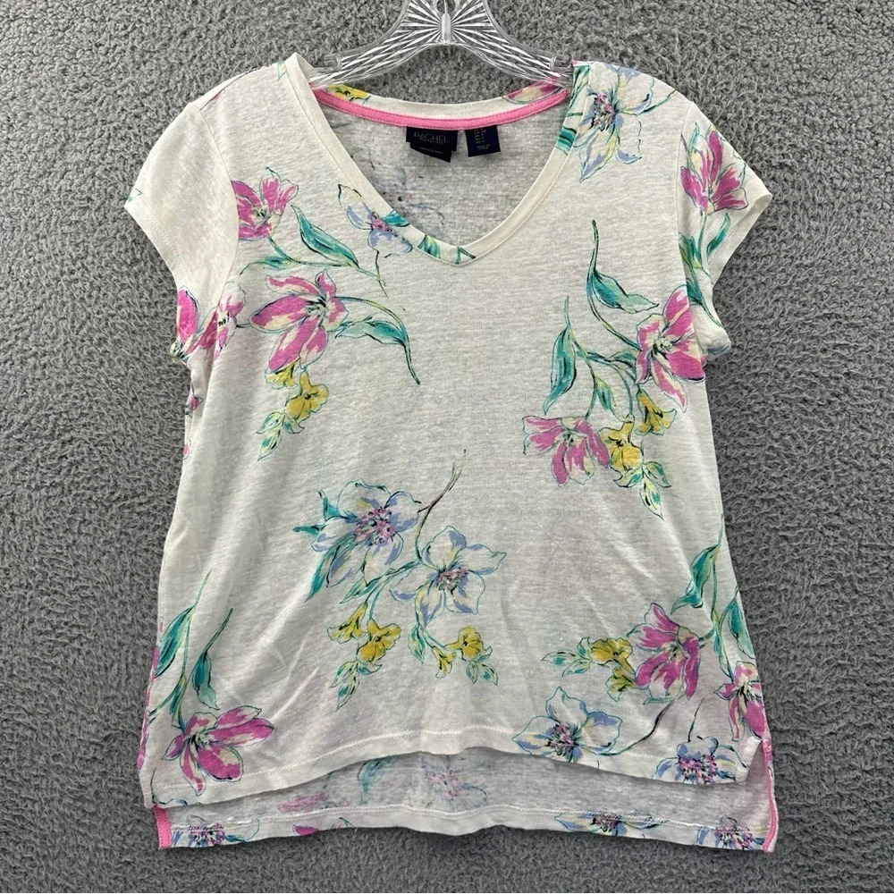 Rachel Rachel Roy V Neck Short Sleeve 100% Linen Shirt Floral Print Women's S